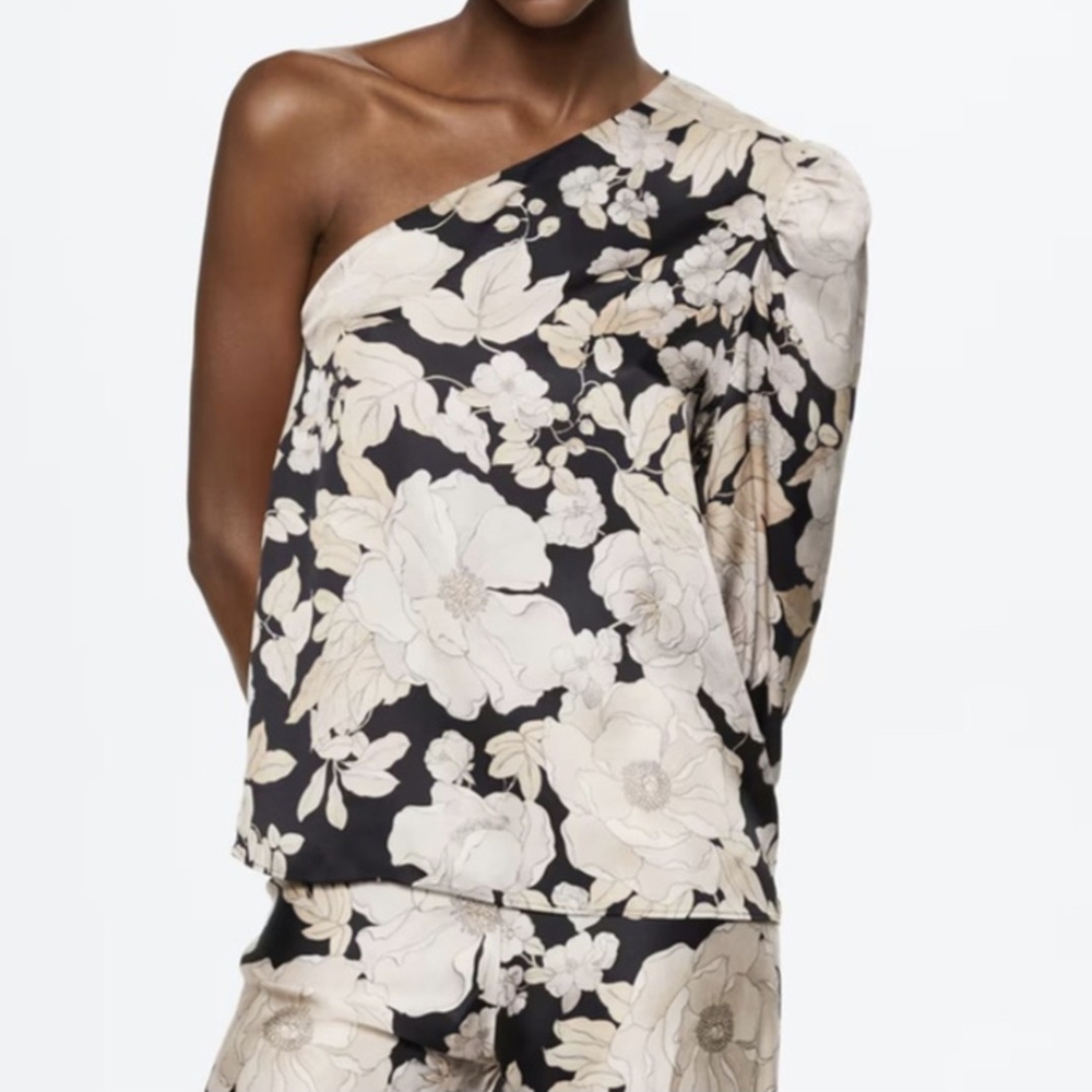 Mango Floral One Shoulder Blouse Size 6 Black European Summer Lightweight Top - Picture 1 of 6